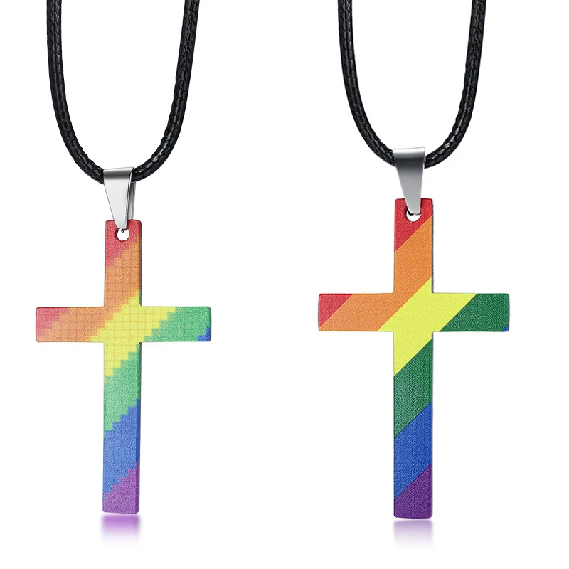 Daesar Stainless Steel Rainbow Cubic Zirconia Cross Necklace LGBT Gay Pride Pendant Lesbian Necklace