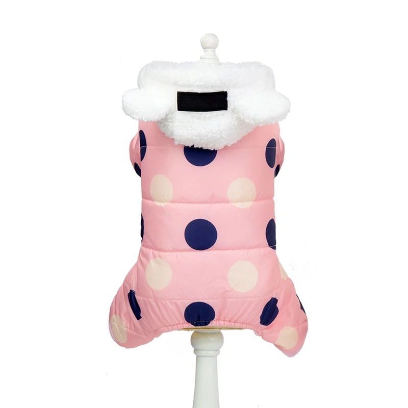 Одежда для собак; зимний комбинезон с капюшоном для собак; куртка с принтом в горошек для маленьких собак; одежда; милое флисовое пальто с хлопковой подкладкой - Цвет: Розовый
