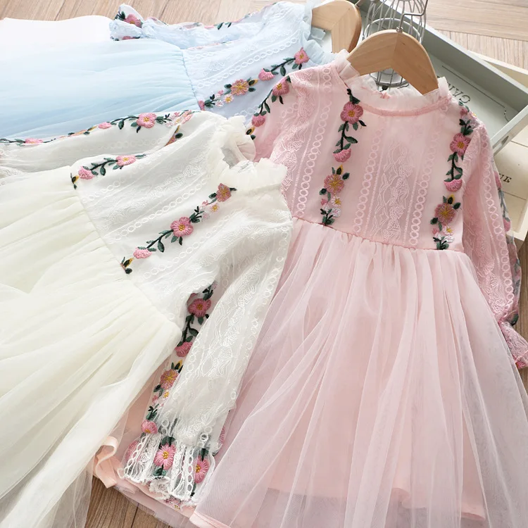 Корейское платье с цветами для детей, вышитая юбка для девочек, платье принцессы, одежда для детей, весеннее кружевное платье, Vestido