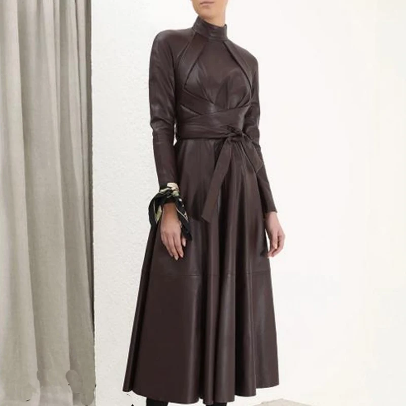 OMIKRON Новое модное осеннее подиумное однотонное женское платье из искусственной кожи с длинным рукавом и высокой талией с поясом Плиссированное Макси-платье