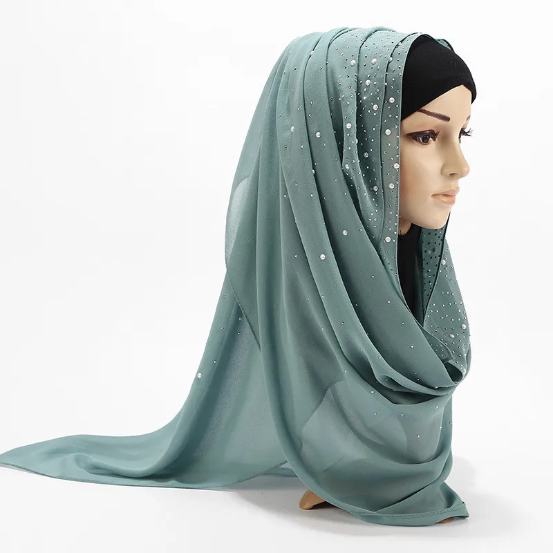 Women Muslim Plain Bubble Pearl Chiffon Scarf Hijab Hot Sale Diamond Rhinestone Shawls Headband Foulard Femme hijabs Scarves New 4