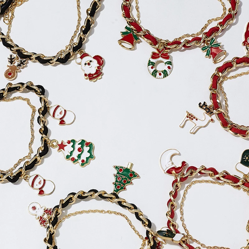 

Trendy Christmas Bracelets Party Santa Claus Hand Chain Charms Double-layer Hand-woven Bracelets Pulseras Mujer Jewelry Ornament