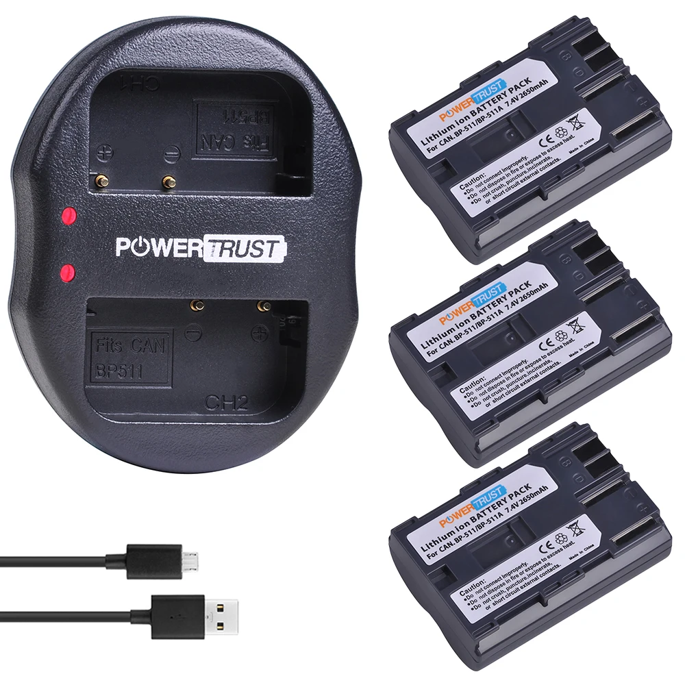 2 шт. 2650 мА/ч, BP-511 BP 511 BP511 BP511A Li-Ion Батарея+ Dual USB Зарядное устройство для Canon G6 G5 G3 G2 G1 EOS 300D 50D 40D 30D 20D 5D