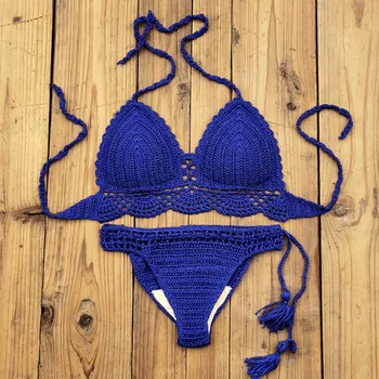 

2020 Color Hand Crochet Women Swimwear Sexy Crop Top Push up Bikini Set Beach Swimsuit Suit tassel Swim shorts