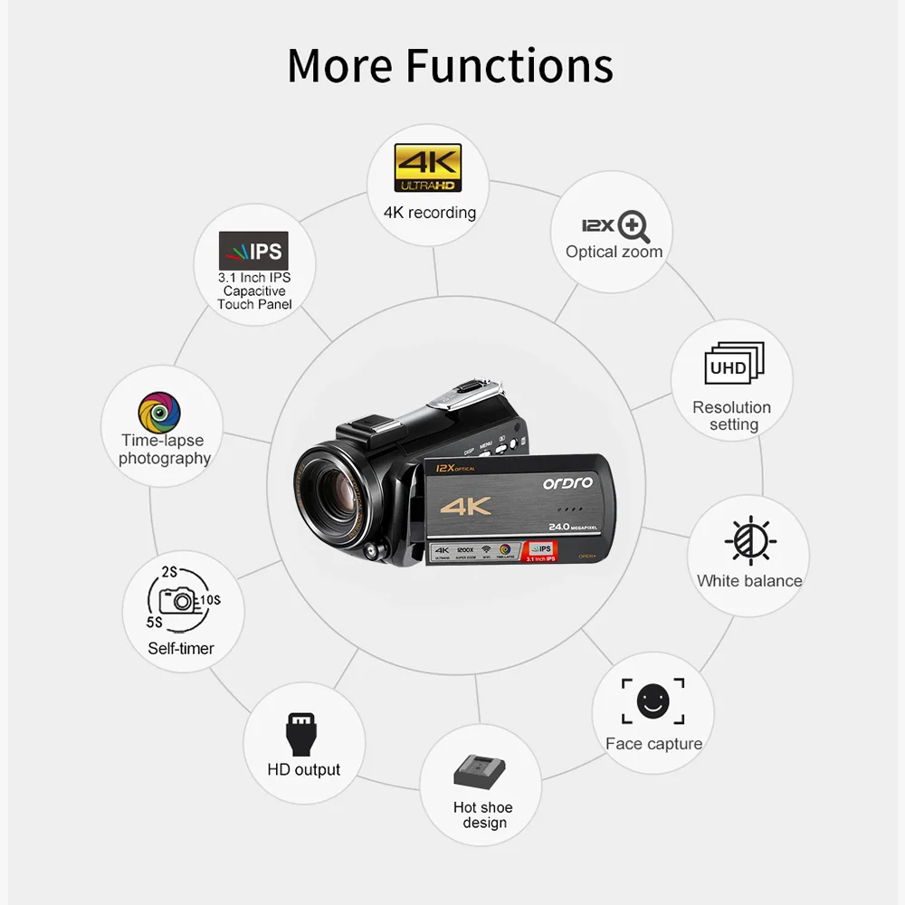 

ORDRO AC5 3.1 Inch IPS 24MP 12X WiFi Digital Video Camera Camcorder w/ 0.39X Wide Angle Lens+Lens Hood+Microphone+Camera Holder