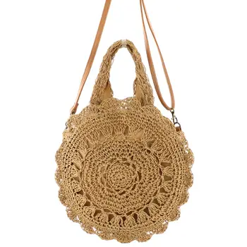 

Women Retro Straw Crossbody Bag Boho Beach Round Woven Handmae Female Shoulder Handbags Boho Straw Women Shoulder Bag