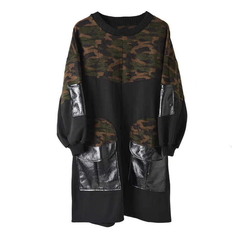 [EAM] женское леопардовое платье с карманами, большой размер, свитер, платье, новинка, круглый вырез, длинный рукав, свободный крой, мода осень, 1K665 - Цвет: Black