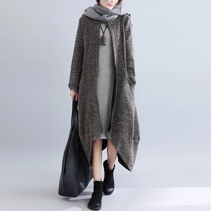 

JINGRUI 2019 Winter Women's New Irregular Loose Round Neck Knit Wool Large Size Coat