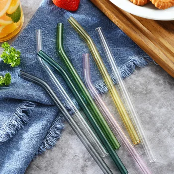 

1pc Colorful Clear Glass Straw Reusable Crystal Curved Cocktail Straw Birthday Party Handmade Thick Straw For Mugs Access