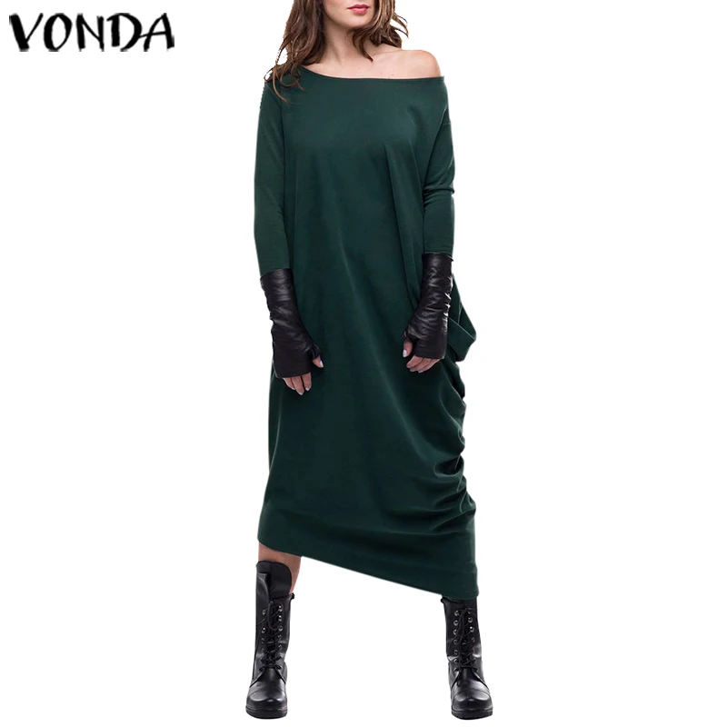 Асимметричное женское платье Сарафан VONDA осеннее повседневное свободное сексуальное платье с длинным рукавом до середины икры вечерние платья Vestidos S-5XL - Цвет: Зеленый