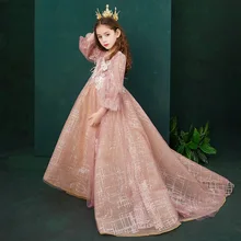 Новинка года; летнее Стильное вечернее платье для девочек благородная модная модель подиумов; длинное платье с цветочным узором для мальчиков и девочек; платье для выступлений со шлейфом