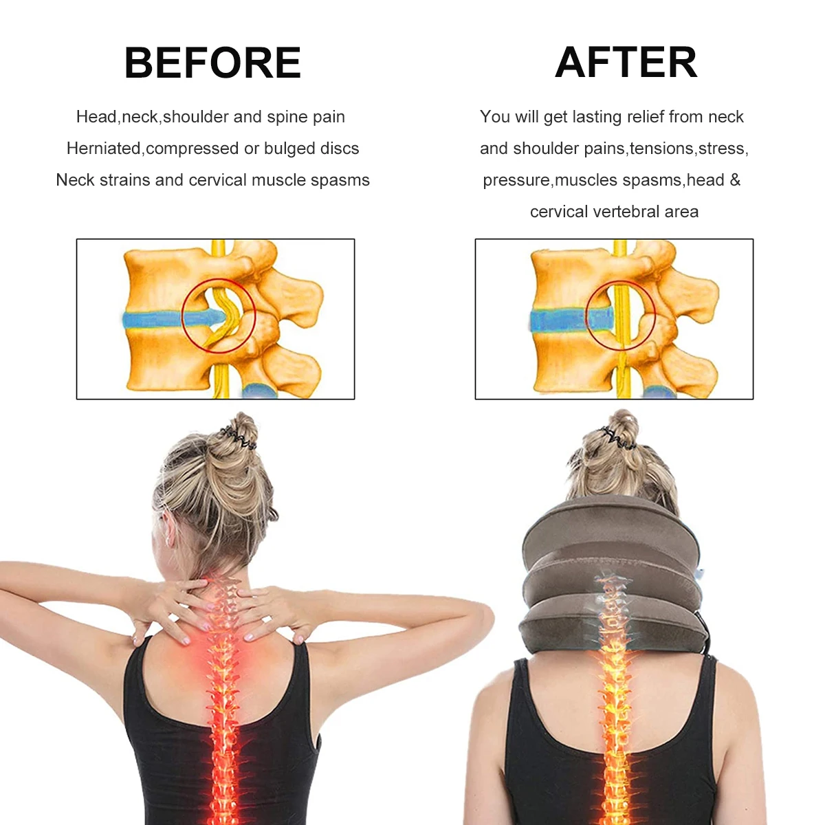 Neck Stretcher Collar Pain Relief for Chronic Neck & Shoulder Pain Stretcher Cervical Traction Device 3 Tube Quick Inflate