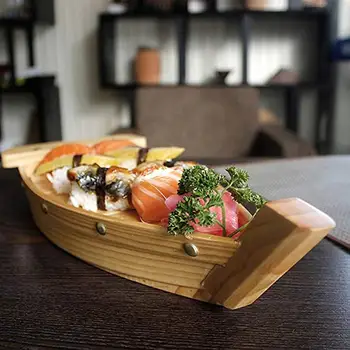 

Kitchen Wooden Sushi Plate Creative Boat Shaped Dish Japanese Style Snack Tray Serving Dish For Home Restaurant