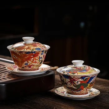 

Chinese palace teacup and porcelain dragon and phoenix cup enamel tea bowl kung fu tea set