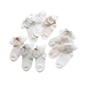 

3 Pairs Breathable Little Girls Thin Socks Summer Sweet Style Bow Strawberry Silver Wire Decoration Baby Mesh Lace Socks 0-5T