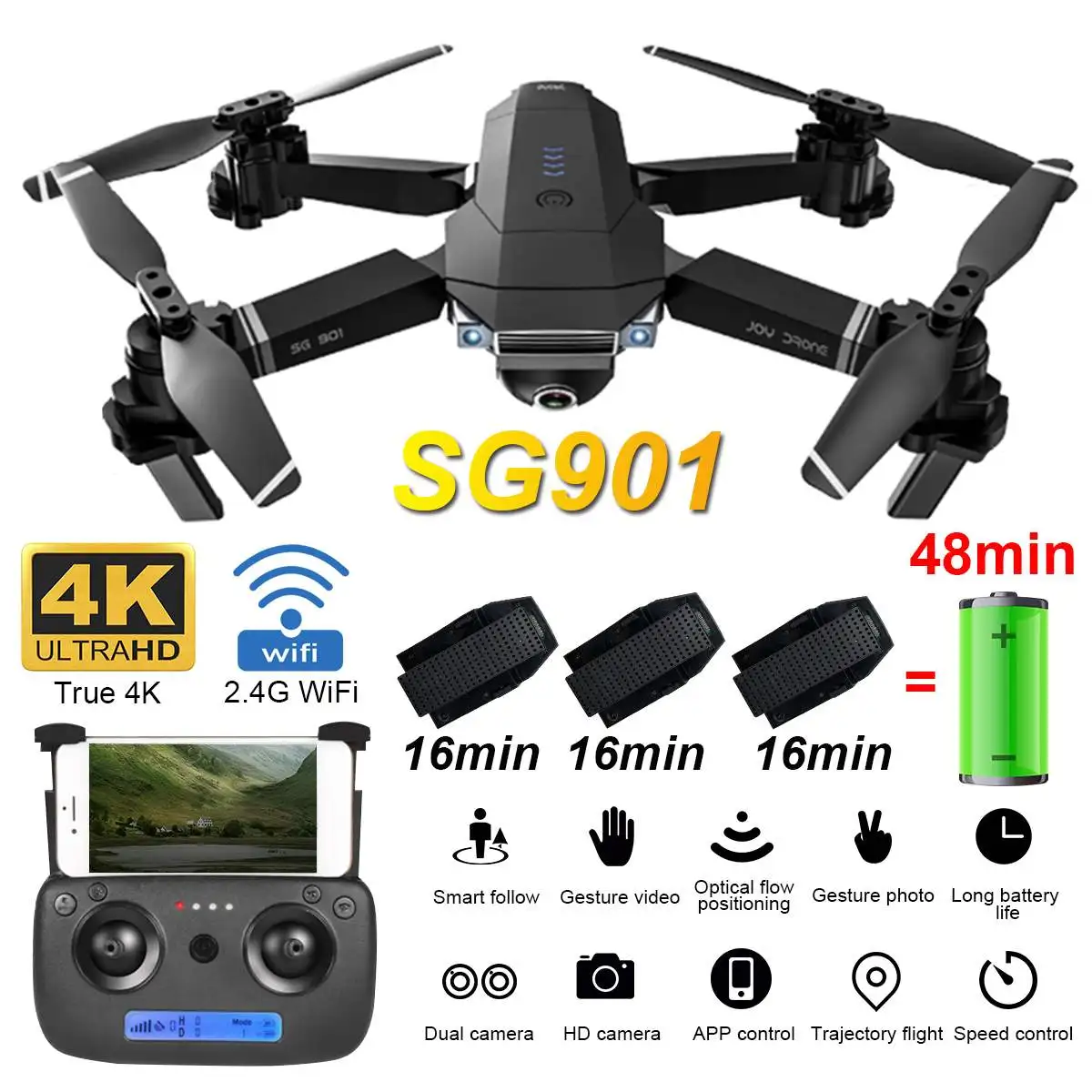 SG901 Ultra HD Foldable drone 4K GPS RC Drone Wifi FPV Wide-Angle Camera Long Battery Life Camera Drone GPS Camera dron drones