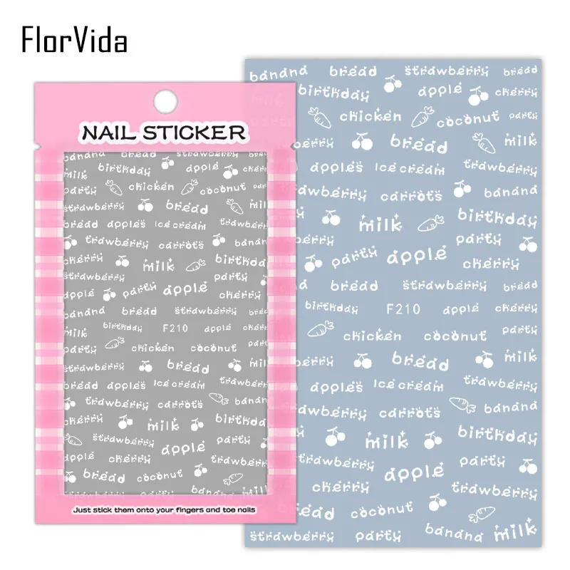 F210 White FlorVida F207-213 черно-белые серебристые золотые буквы наклейки для ногтей художественный узор шрифт с клеем накладные ногти Красота Маникюр - Цвет: F210 White