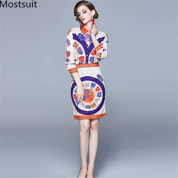 

Fashion Designer Runway Printed Two Piece Skirt Sets Outfits Women Long Sleeve Shirt And Pencil Skirt Suits Elegant Vintage Sets