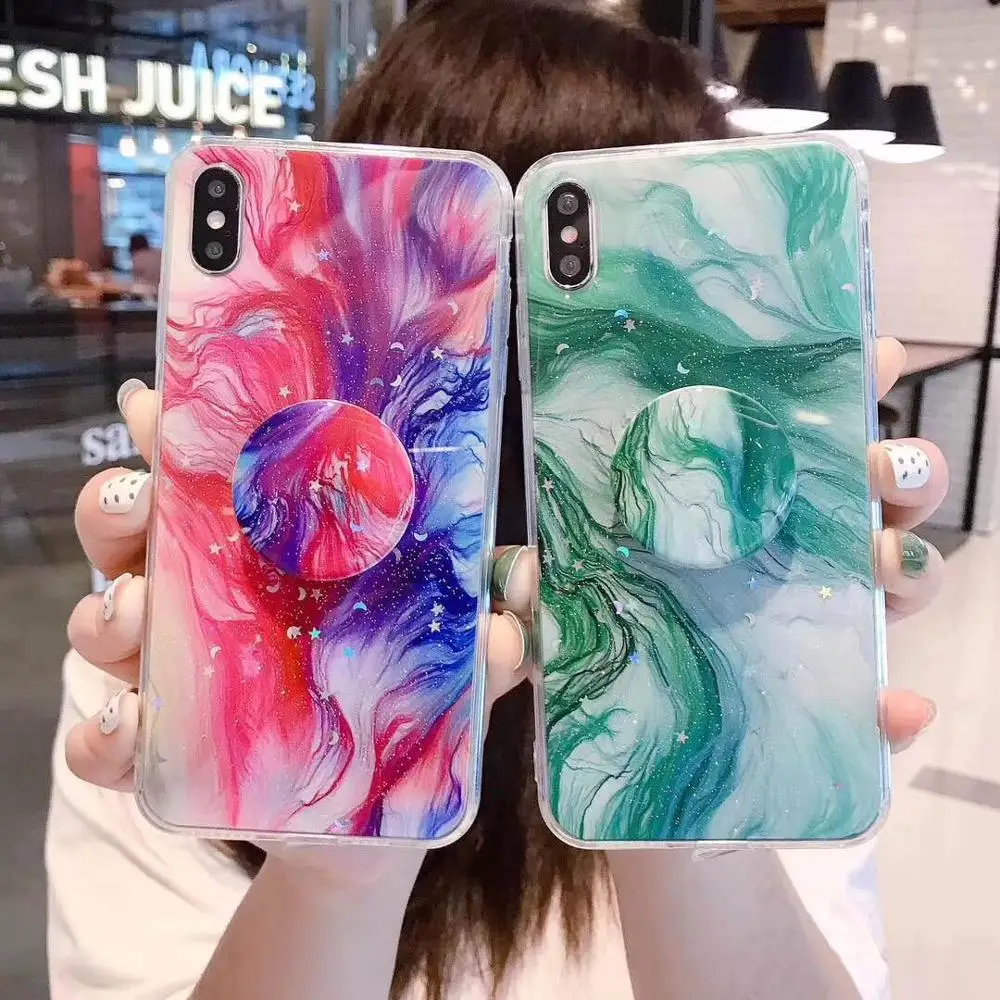 

Emerald Marbled Shiny Moon Stars Fashion 3D Round Handle Bracket Silicone Soft cover for iphone MAX XS XR 6 7 8plus X phone case