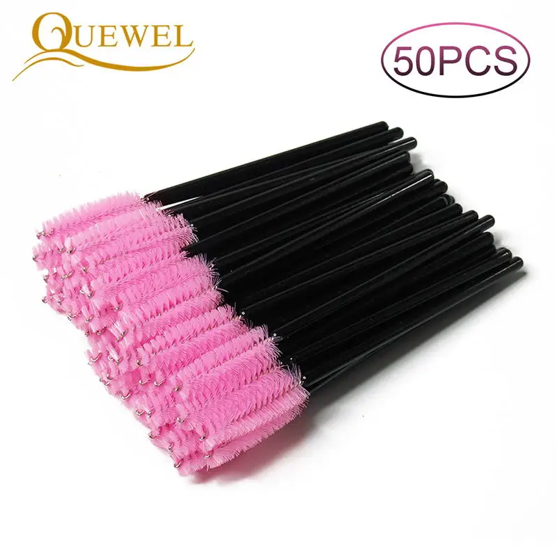 50PCS pink-black Quewel наращивание ресниц одноразовые щеточки с тушью для ресниц палочка аппликатор ресницы Косметическая щетка для основы кисти для макияжа инструменты - Handle Color: 50PCS pink-black