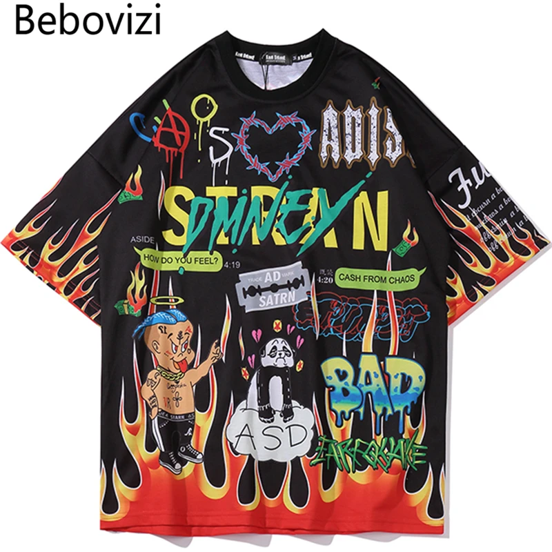 

Bebovizi Summer Streetwear T Shirt Men Graffiti Cartoon Flame Printed Men's Tee Shirts Short Sleeve T Shirt Fashion High Street