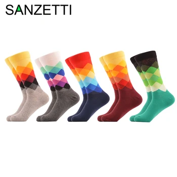 

SANZETTI 5 Pairs/Lot New 2020 Funny Men Crew Socks Casual Striped Geometry Diamond Print Dress Streetwear Short Socks
