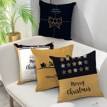 

Nanacoba Christmas Day Cushion Cover Black Golden Short Plush Pillow Covers for Home Decor Warm Soften Throw Pillowcases 45x45cm