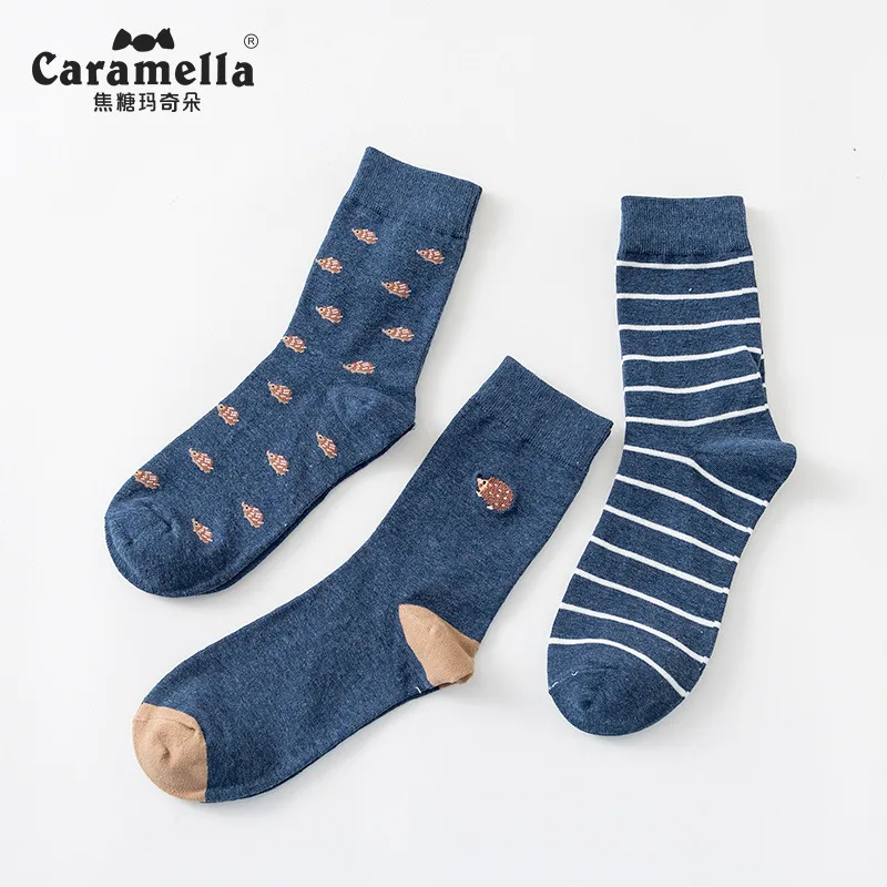 Caramella Men's Crew Socks Cotton Made Animal Jacquard Embroidery Socks Cotton 3 Pairs/Lot