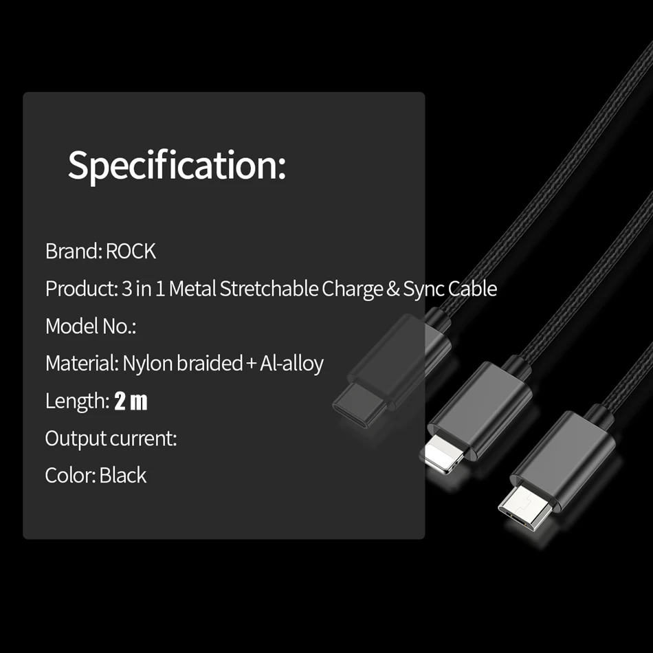 ROCK 3 в 1 USB кабель системы освещения type-C Micro Usb кабель 3.3A Быстрая зарядка масштабируемый нейлоновый пружинный шнур для iPhone huawei samsung