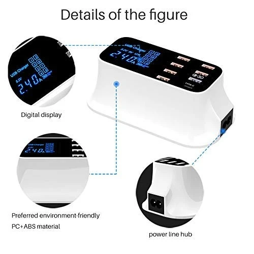 Fanshu Multi USB 8 Port Fast Desktop Charger Charging Station Quick Charge 3.0 Type C Port Smart LED Display for iphone Xiaomi