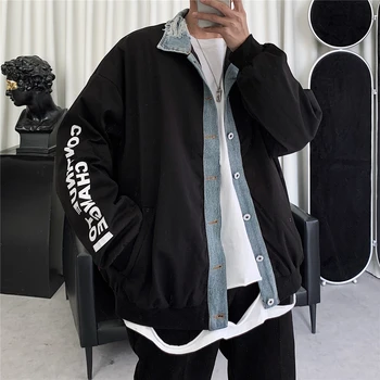 

2020 Men's Cowboy Split Joint Long Sleeve Printing Streetwear Denim Bomber Jacket Coats Clothes Green/black Color Windbreaker