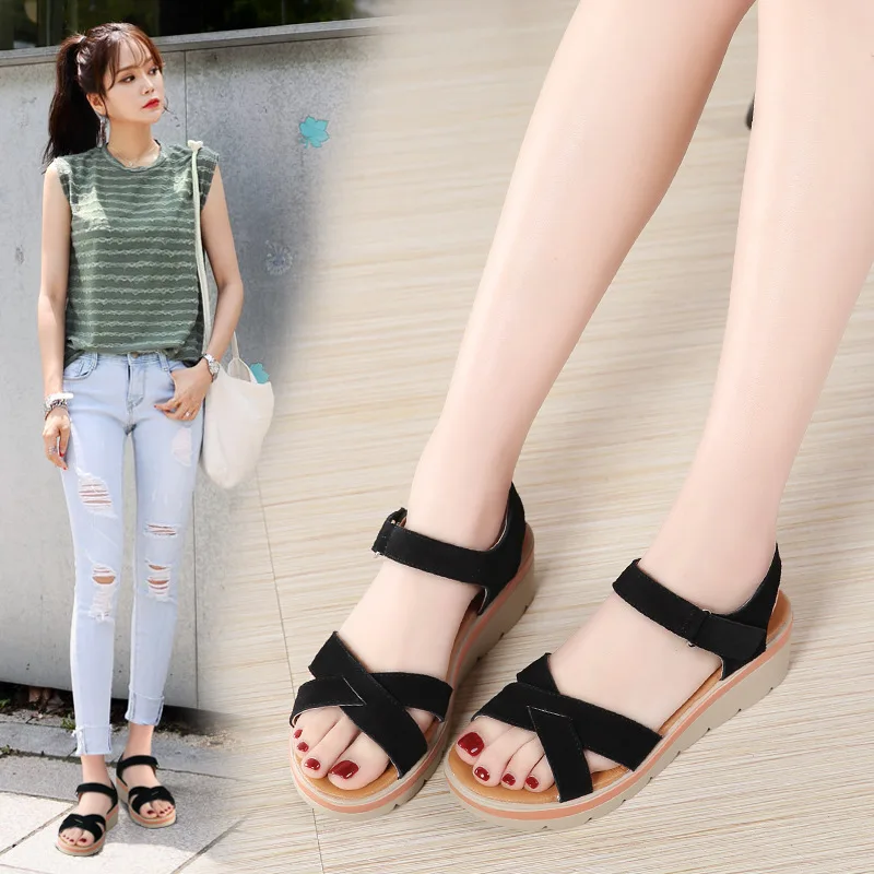 

2019 New Style Summer Genuine Leather Platform Thick Bottomed WOMEN'S Shoes Slanted Heel WOMEN'S Sandals Korean-style Semi-high