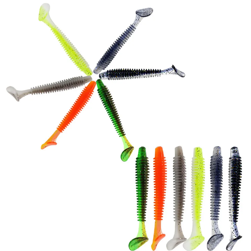 12pcs/lot jig T tail Two-tone silicone soft lures 5cm 6cm 7.5cm spiral worm fishing attractive wobbler bass tackle | Спорт и