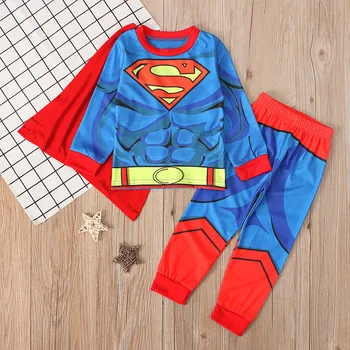 Kids Boy Superman Costume With Cloak Child Halloween Party Cosplay Superman Cotton Pajamas Sleepwear Children