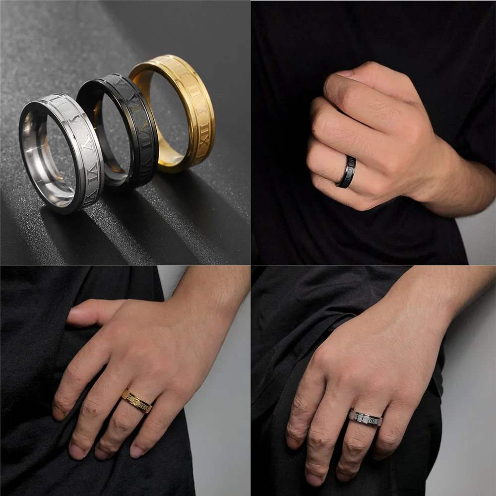 

Hip Hop 316L Stainless Steel Wedding Band Ring For Men Roman Numerals Gold Black Cool Punk Rings for Men Women Fashion Jewelry