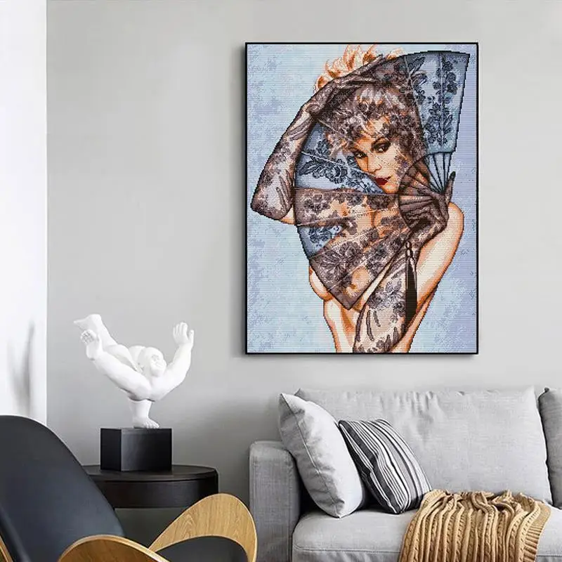 Sexy Beauty and Folding Fan Cross Stitch Kit 14ct 11ct Character Print Canvas Needlework Embroidery Set Home Decoration Painting