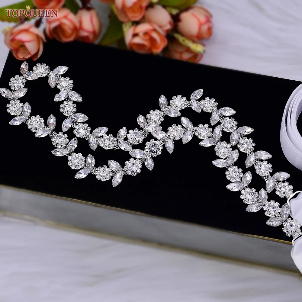 TOPQUEEN S440 Shiny Crystal Bridal Belt Silver Alloy Rhinestones Flower Women Dresses Sash Wedding Accessories Evening Girdles