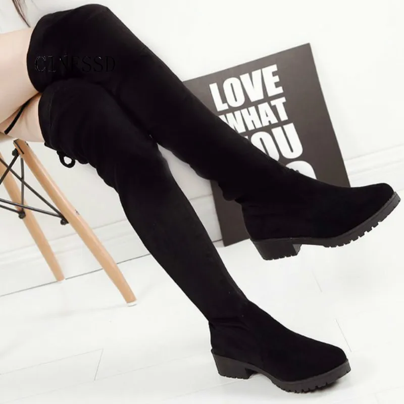 

Thigh high boots black shoes botas mujer med heels flock sexy ladies shoes Over the knee boots women shoes women boots 2019