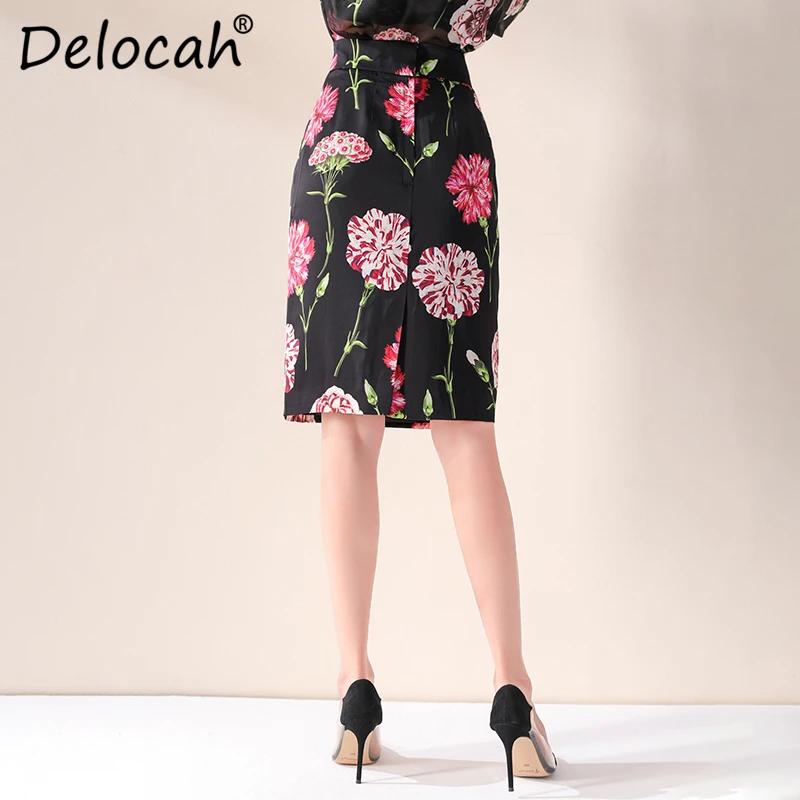 

Delocah 2019 Autumn Winter Women Skirt Runway Fashion Designer Carnation Printed 100% Silk Elegant Slim Lady Knee-Length Skirts