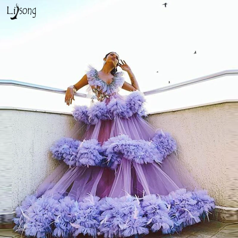 Stunning Tiered Tulle Ball Gown Evening Party Dresses Sexy V neck Beaded Formal Dresses Vestidos De Festa Prom Party Gowns