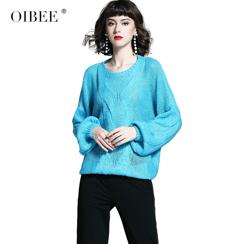 Sky Blue OIBEE2019 осень новая свободная Блузка пуловер свитер мохер женский длинный участок Большой размер была тонкая рубашка - Цвет: Sky Blue