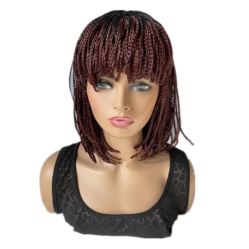 Hywamply 12" Synthetic Small Box Braided Hair Wigs With Bangs Black Bug Ombre Shade Short Bob Hairstyle Machine Wig
