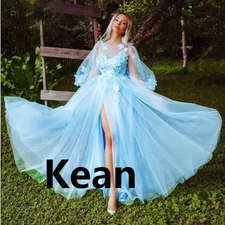 

Sky Blue High Split Illusion Evening Dresses robe de soiree Evening Gowns Prom Dress Vestidos De Festa