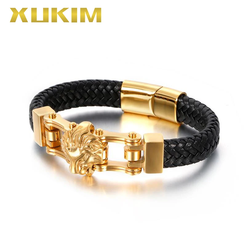

XB401-1 Xukim Jewelry Black Leather Bracelet Lion Animal Wolf Fox Bracelet Bangle