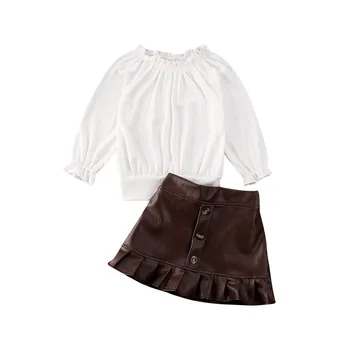 

Boutique Kid Clothes 2020 Spring Toddler Kids Baby Gir Clothes Loose Knitted Tops+Leather Skirt 2PCS Outfit