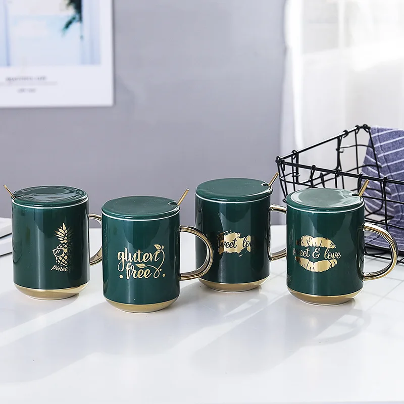 "Green Luxury" Modern Beautiful Ceramic Mug with Lid Spoon Tea Milk Coffee Cup Home Office Drinkware Waterware