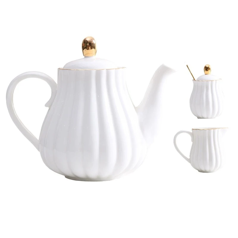 

800ml Golden Edge Ceramic Coffee Pot Porcelain European Afternoon Tea Set High-grade Water Pitcher Teapot With Sugar Milk Jug