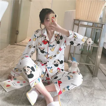 

New white Mickey 2020 spring and autumn long-sleeved trousers pajamas women's suit cardigan lapel large size M-2XL home service