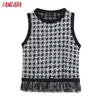 

Tangada korea chic women plaid tweed sleeveless tassel sweater vintage ladies crop knitted jumper tops BE120