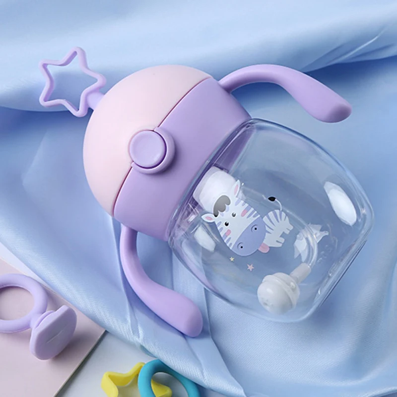 1PC 240ml Baby Learning Drinking Water Bottles Feeding Sippy Cups With Handles And Strap Newborns Cute Cartoon Leakproof Cup